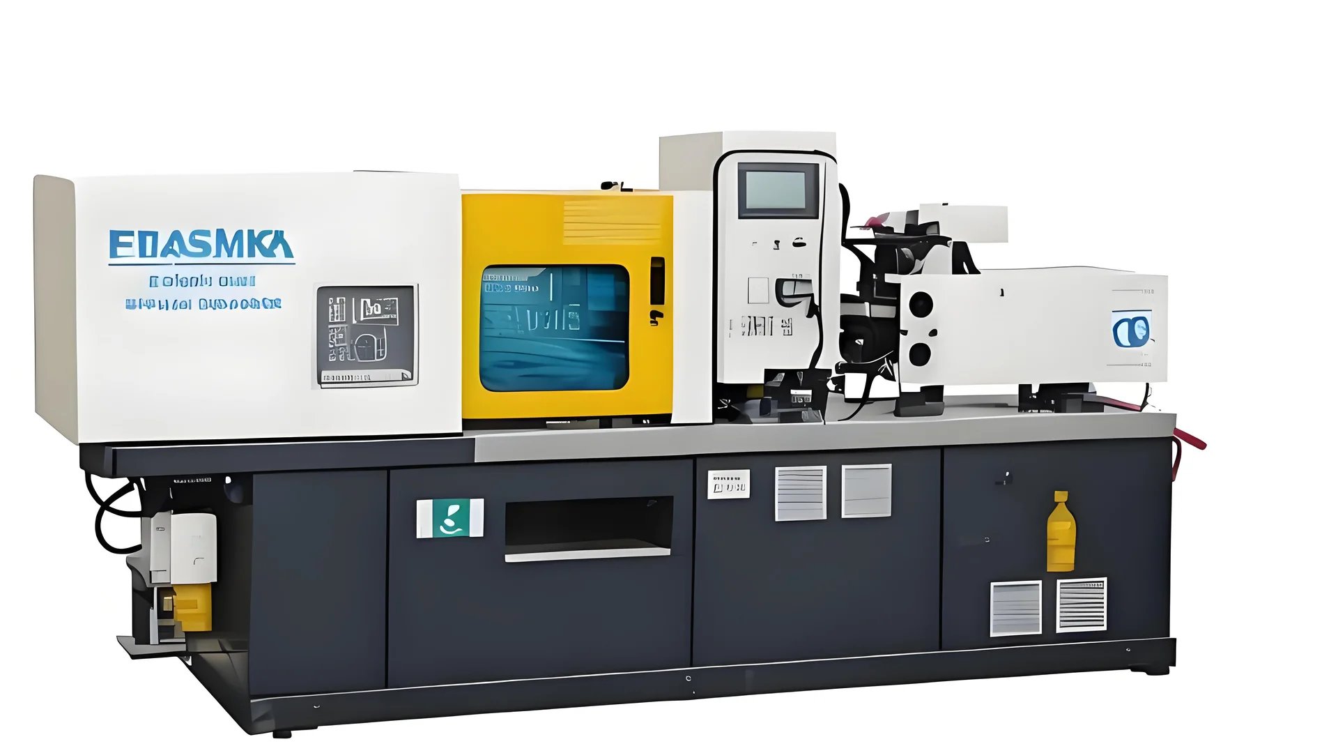 Close-up view of an industrial injection molding machine in action
