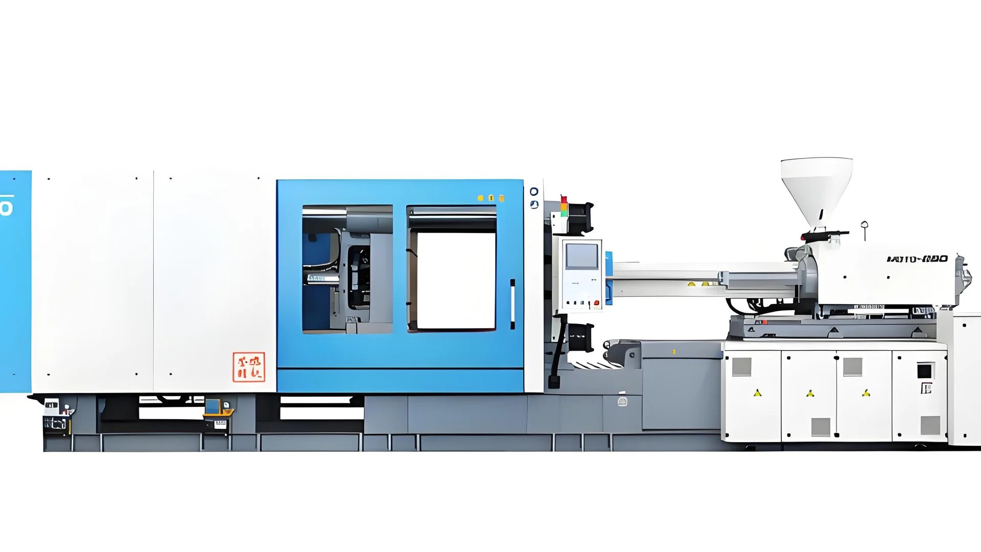 Injection molding machine with plastic components being formed.