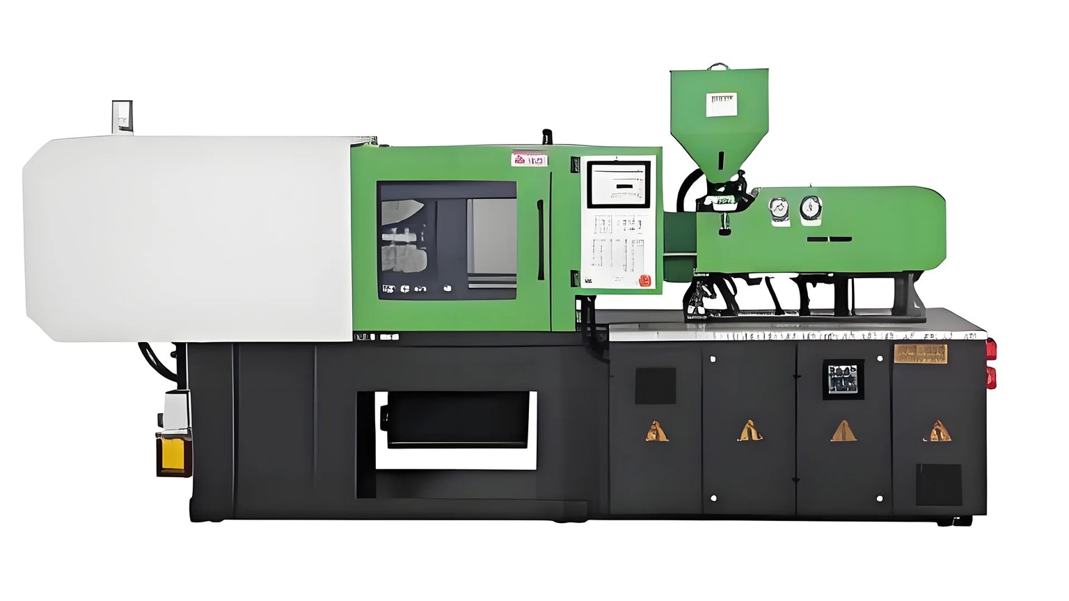 An industrial injection molding machine with green and black components showcasing its robust structure.