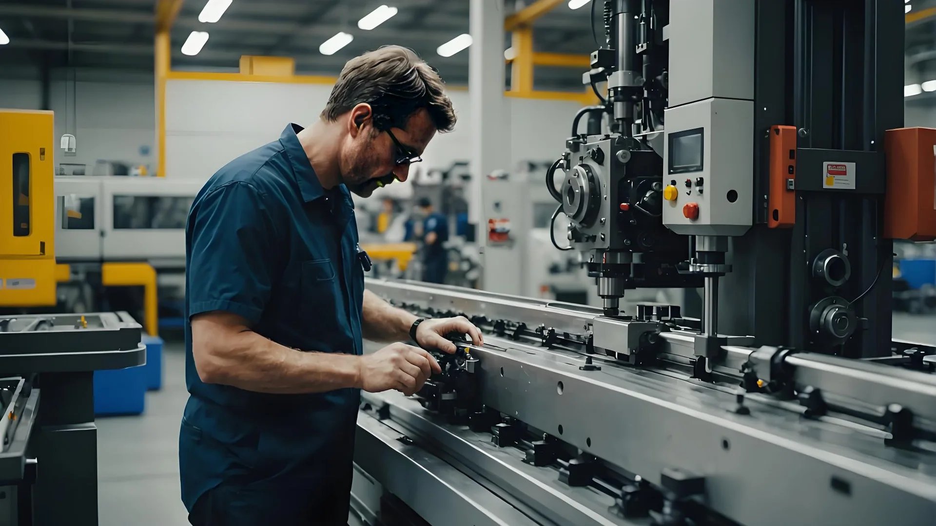 Technician performing maintenance on an injection molding machine