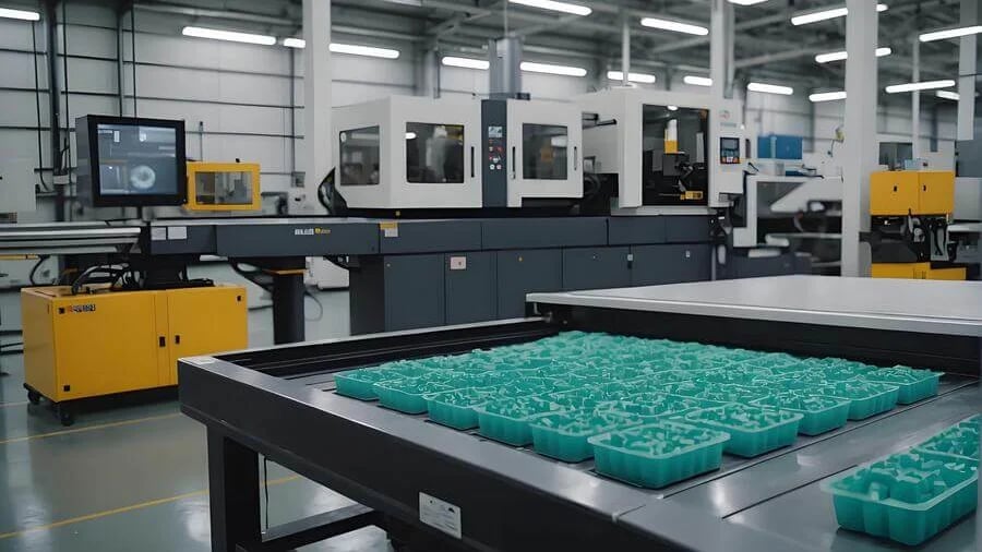 Injection molding materials on a factory floor