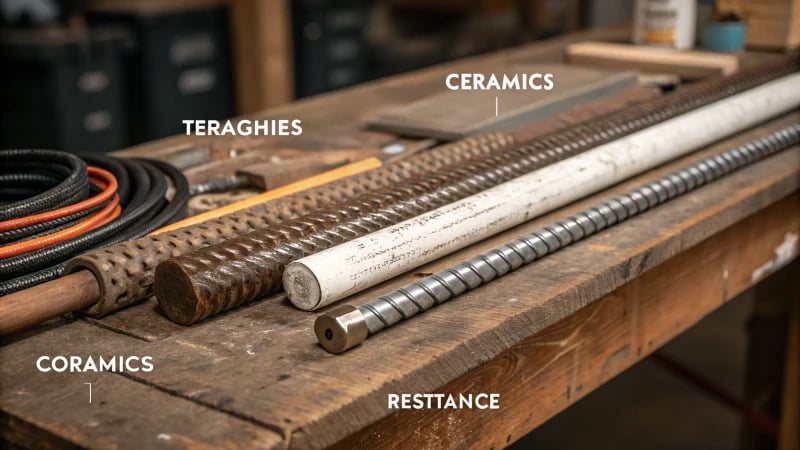 Close-up of various industrial materials on a workbench