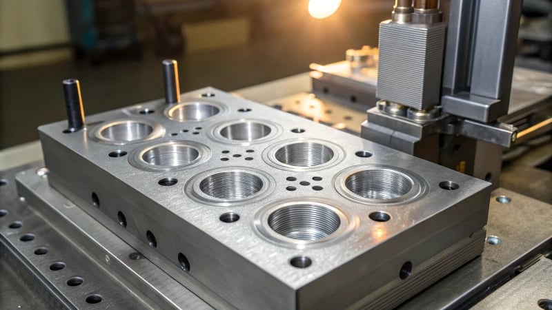 Close-up view of an industrial mold with breathable steel inserts