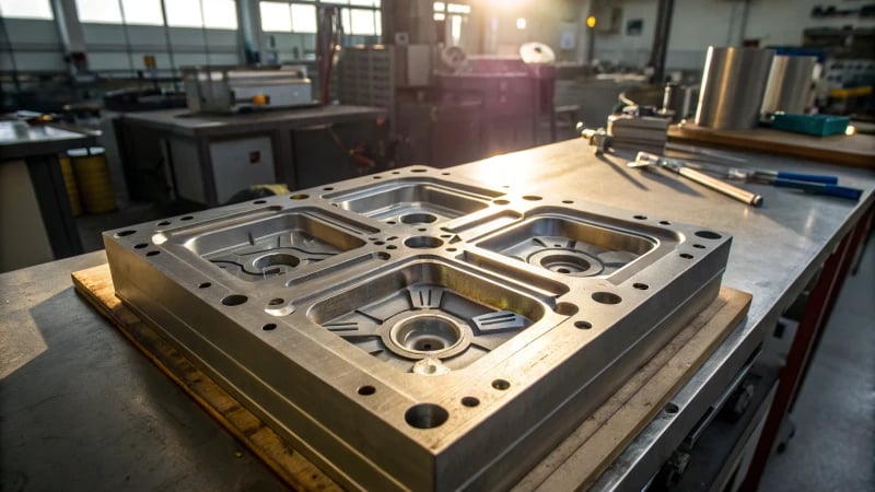 Close-up of an intricate industrial mold design in a workshop