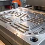 Close-up of an intricate industrial mold with highlighted channels