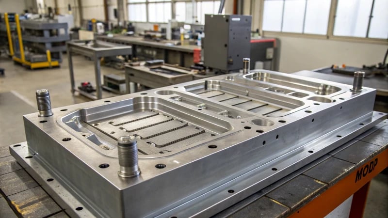 Close-up of an industrial mold in a workshop