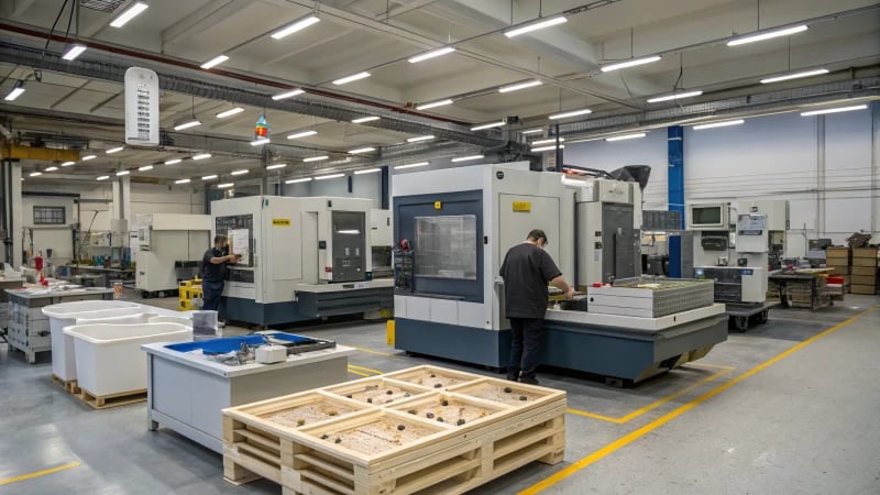 A bustling industrial mold production facility with large machines and various molds.