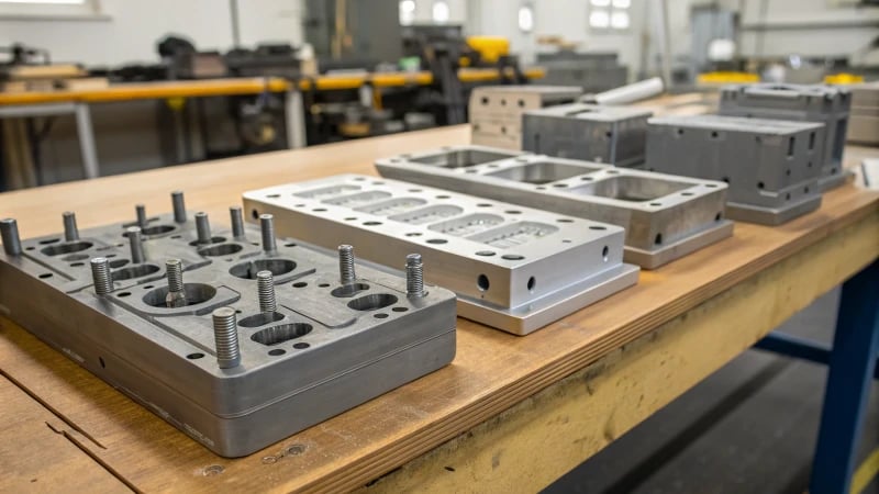 A collection of industrial molds on a workbench