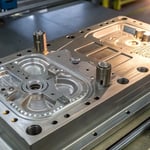 Close-up view of an industrial plastic injection mold
