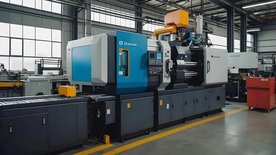 Industrial plastic injection molding machine in a factory