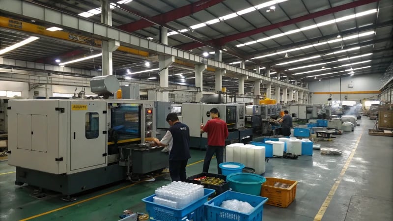 A busy industrial plastic manufacturing facility with workers operating large machines.