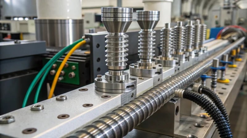 Detailed view of industrial screw extruders in a manufacturing setting