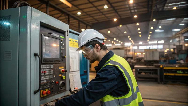 A technician in safety gear working on an industrial machine