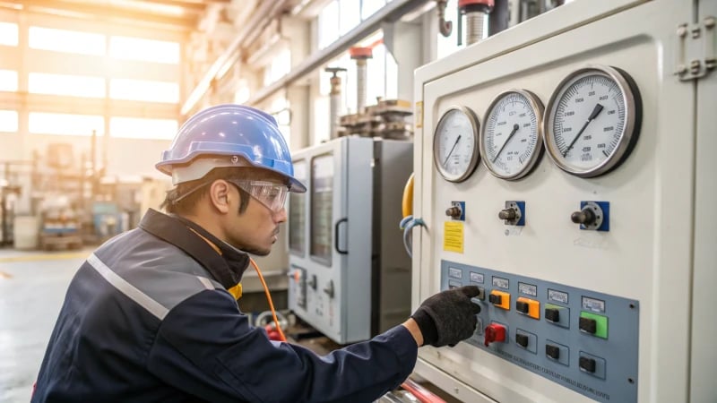 Technician monitoring temperature controls on an injection molding machine
