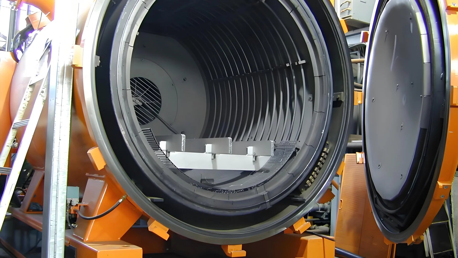 A nitriding furnace in an industrial workshop with glowing steel parts.