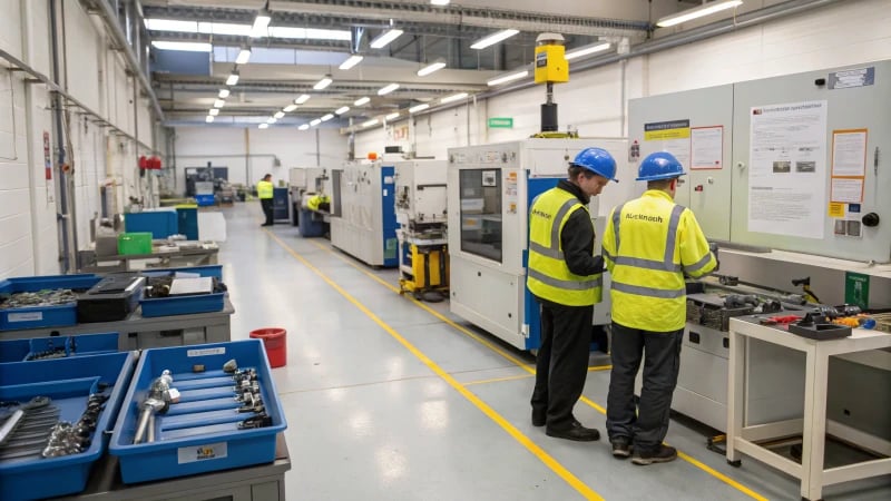 A technician in protective clothing adjusting a hydraulic machine's pressure gauge