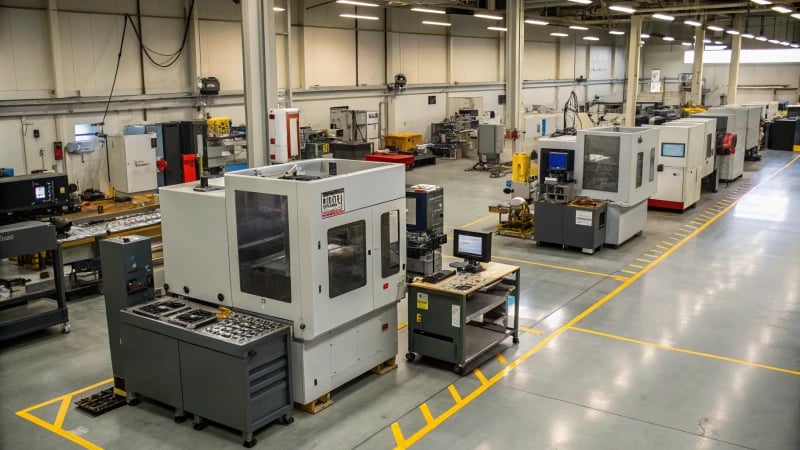 A bustling industrial workshop filled with various mold processing machines.