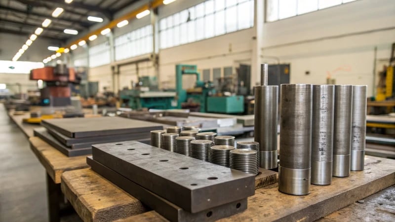 Industrial workshop showcasing steel samples on a workbench
