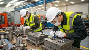 Professionals inspecting injection molds in a busy industrial workspace