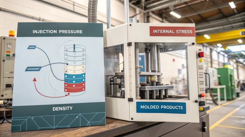 Infographic illustrating the relationship between injection pressure, internal stress, and density in molded products