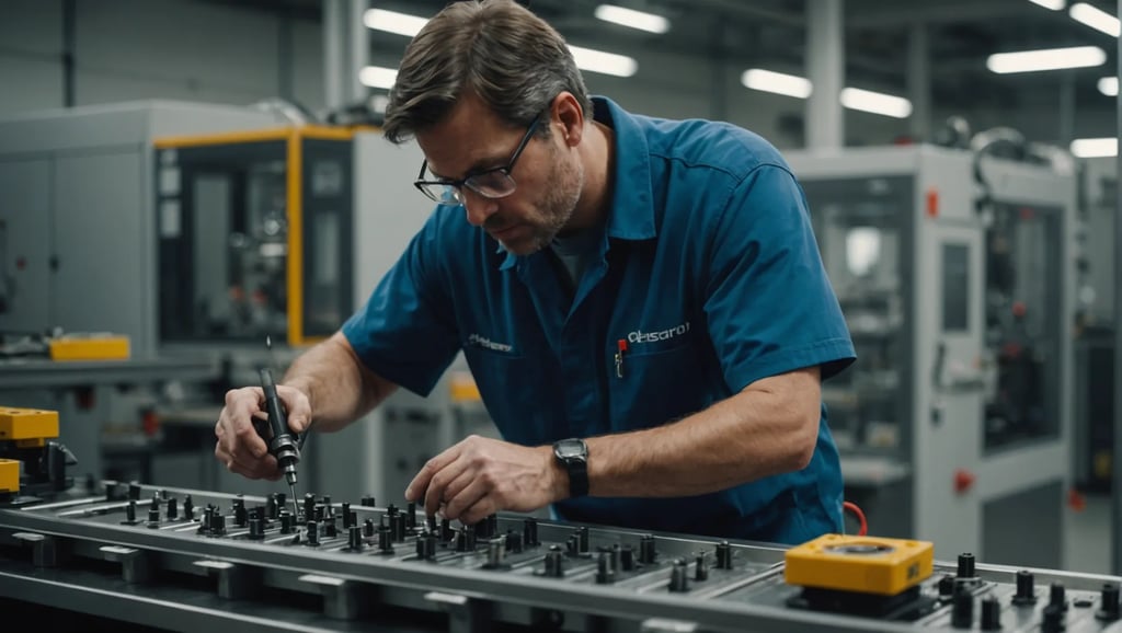 Technician changing an injection mold in a manufacturing facility.