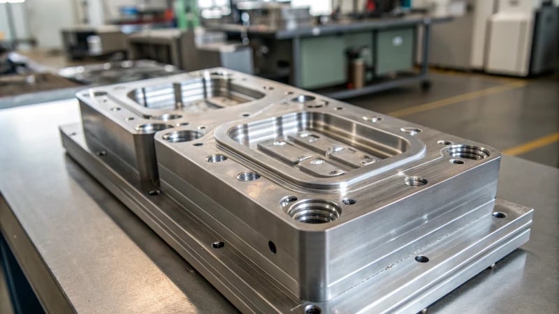 Close-up of an intricate injection mold with cooling channels