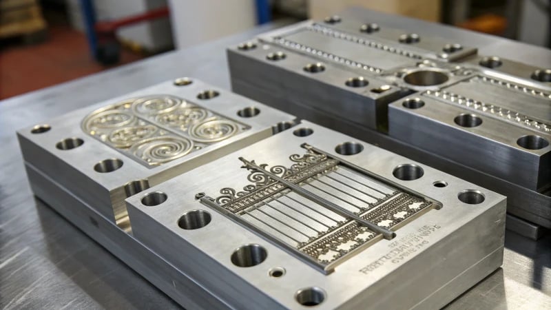 Close-up of an injection mold showing gate designs