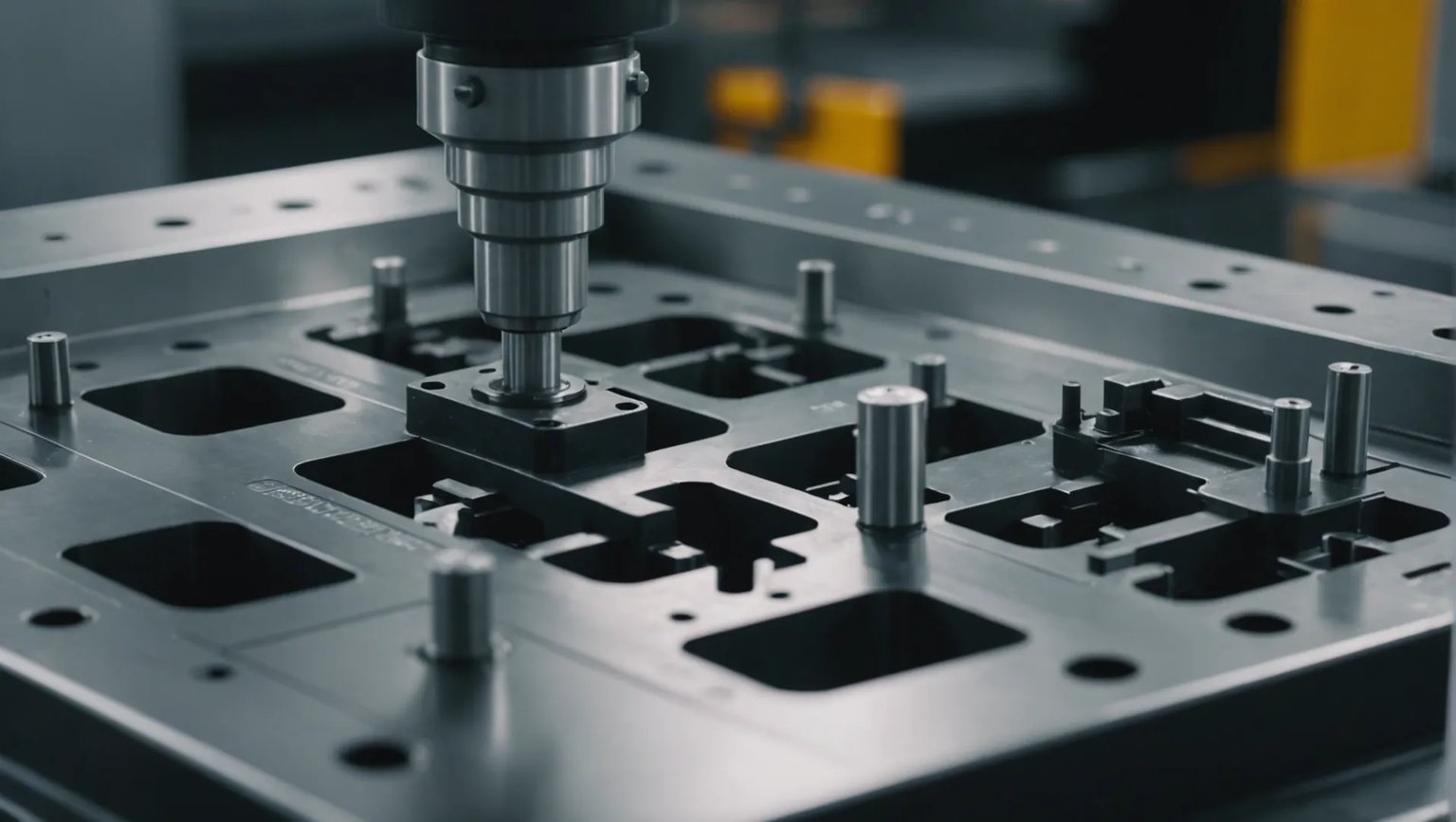 Close-up of an industrial injection mold with a shiny coating, emphasizing durability and efficiency