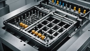 Detailed view of injection mold components