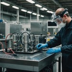 Technician cleaning injection mold cooling pipes using ultrasonic equipment