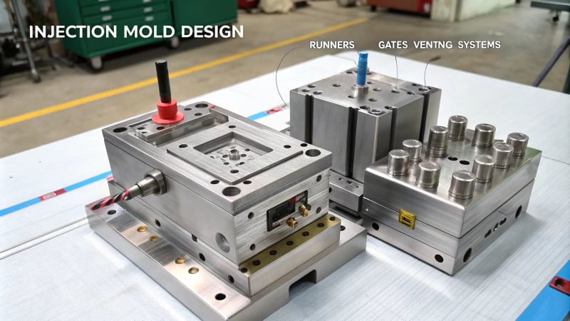 Technical illustration of an injection mold design with labeled components