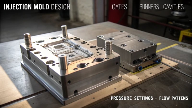 Technical illustration of an injection mold design with detailed components.