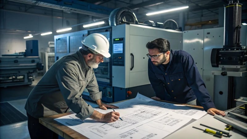 Engineers discussing in a mold design workshop with blueprints and tools