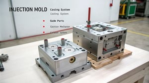 Detailed diagram of an injection mold with labeled components