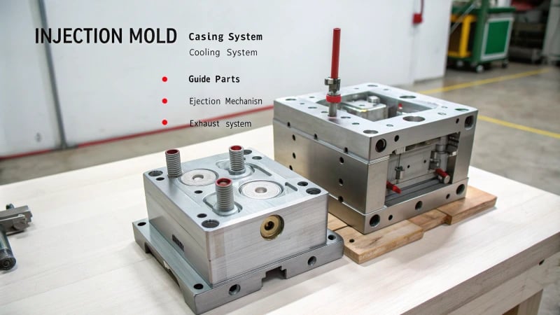 Detailed diagram of an injection mold with labeled components