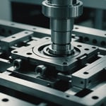 Close-up of an injection mold guide mechanism in operation, showing intricate details and precision engineering.