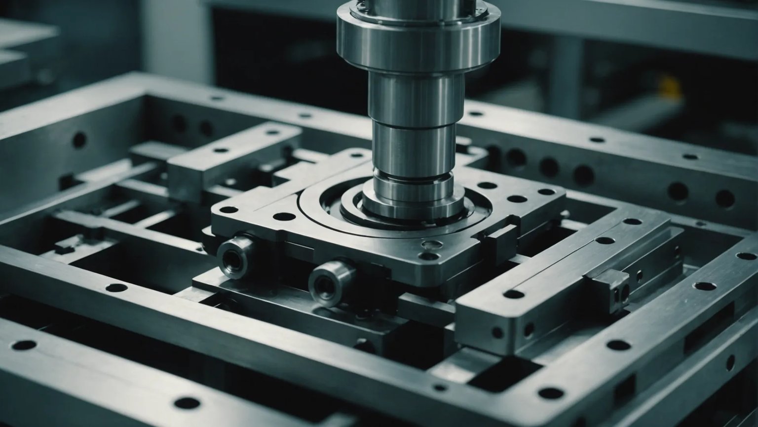 Close-up of an injection mold guide mechanism in operation, showing intricate details and precision engineering.
