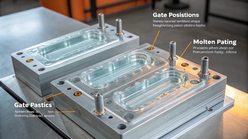 Illustration of a transparent injection mold showing plastic flow paths