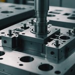 An industrial injection mold in a manufacturing setting, showcasing its intricate design and robust materials.