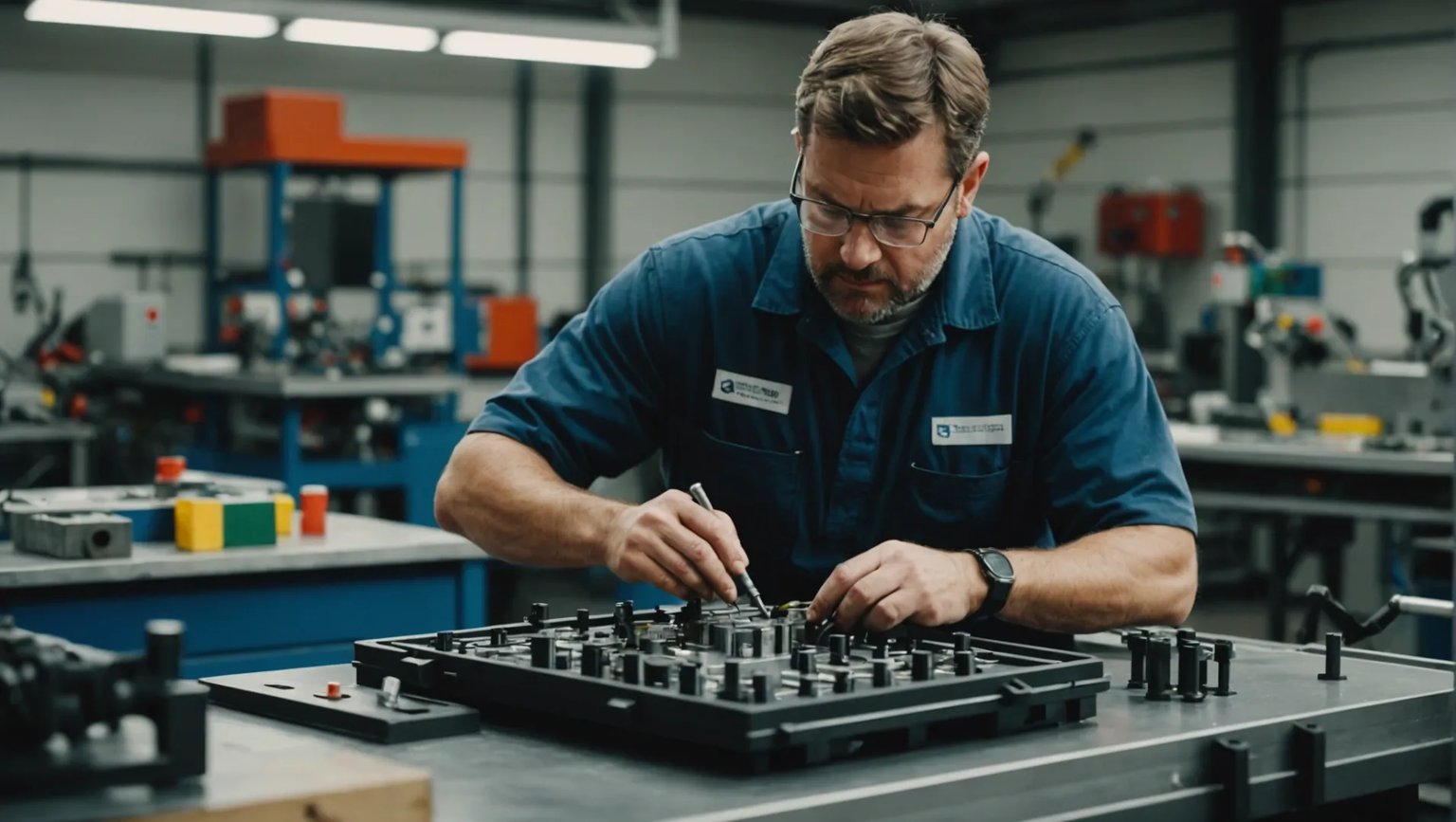 Technician performing maintenance on an injection mold