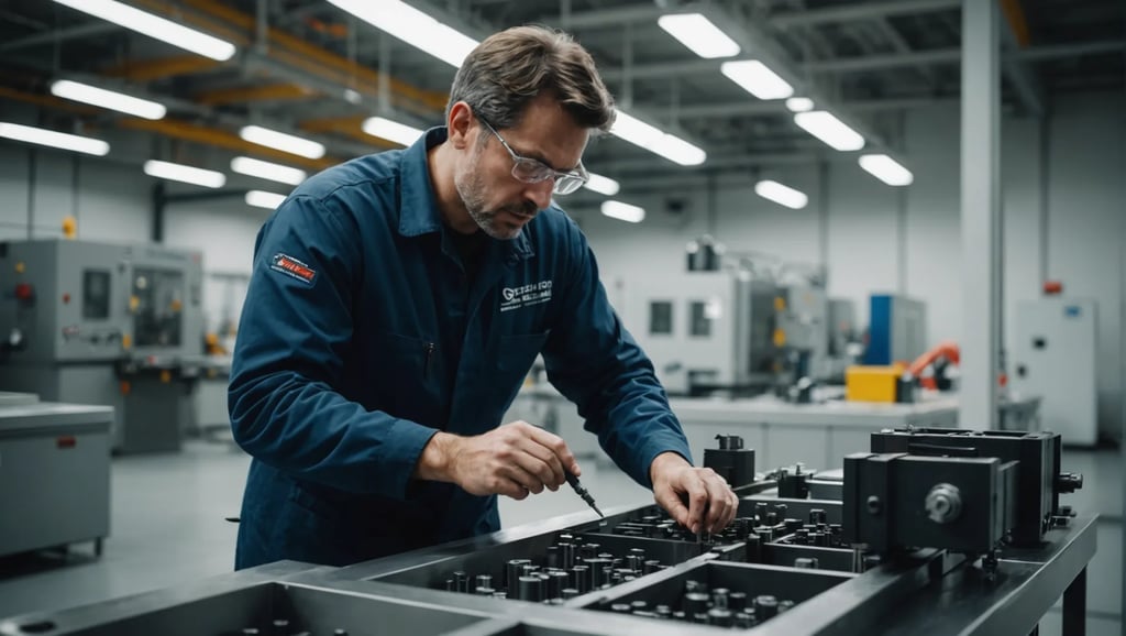 Technician performing maintenance on an injection mold in a factory.