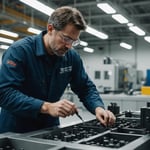 Technician performing maintenance on an injection mold in a factory.