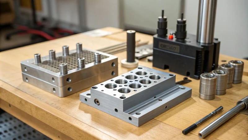 Injection Mold Parts Close-up of injection mold parts on a workbench