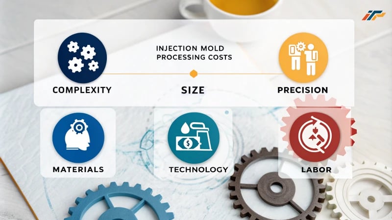 Injection Mold Processing Costs Infographic Infographic illustrating factors influencing injection mold processing costs