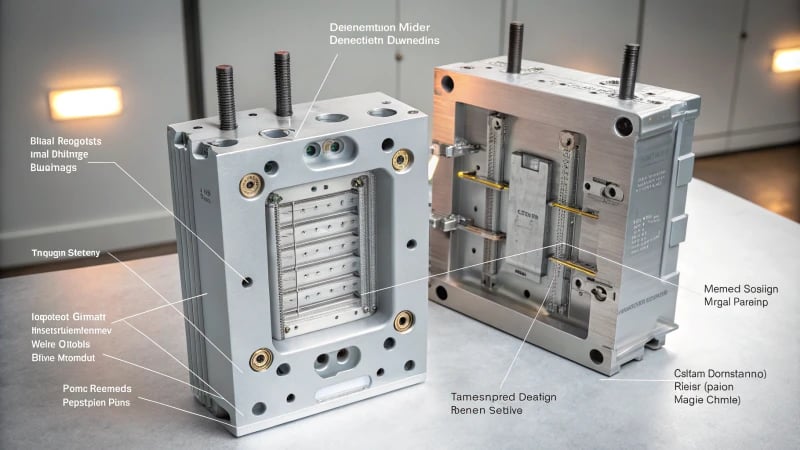 Technical illustration of an injection mold structure with labeled components