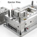 Technical illustration of an injection mold structure with labeled components