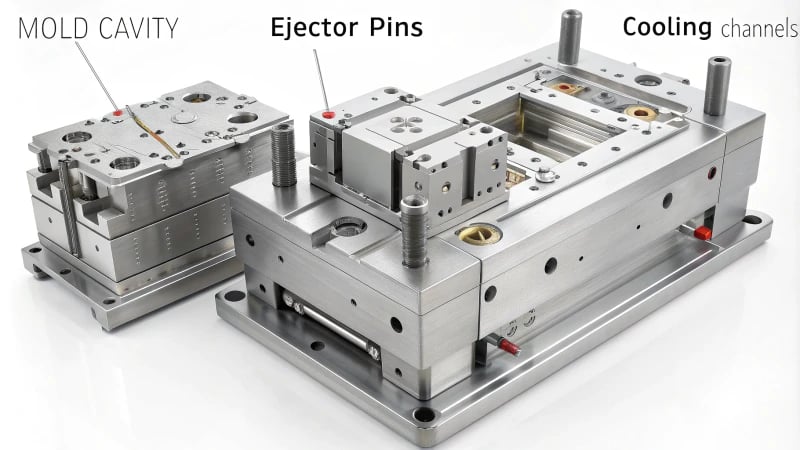 Injection Mold Structure Technical illustration of an injection mold structure with labeled components