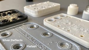 Close-up view of defects in injection molded plastic components