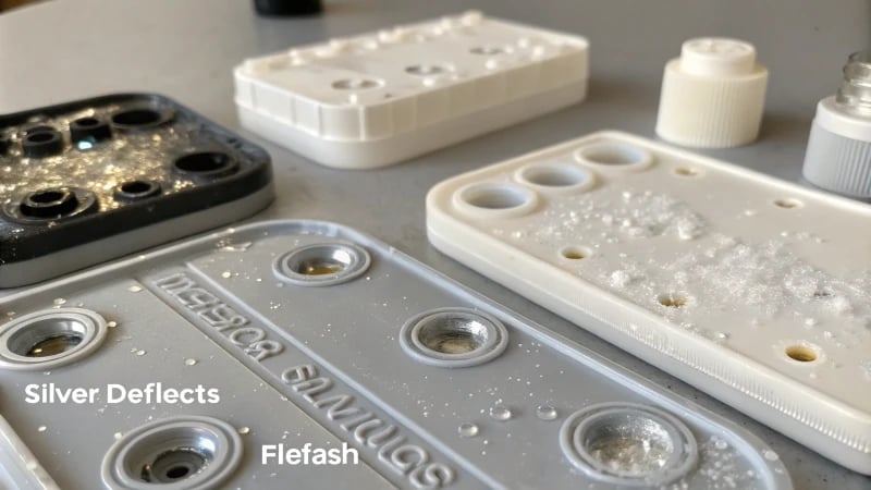Close-up view of defects in injection molded plastic components