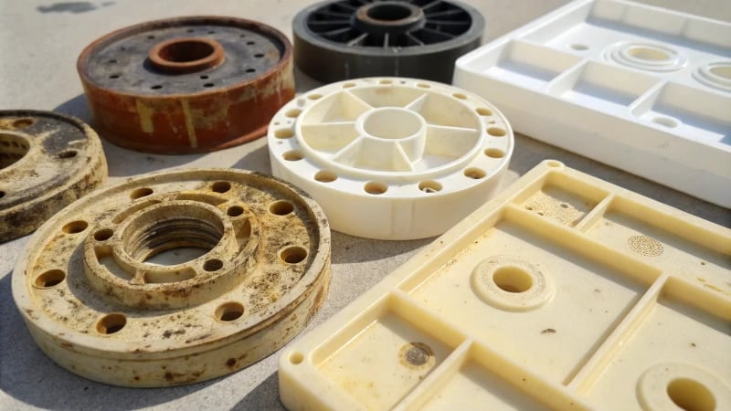 Close-up of plastic components showing defects